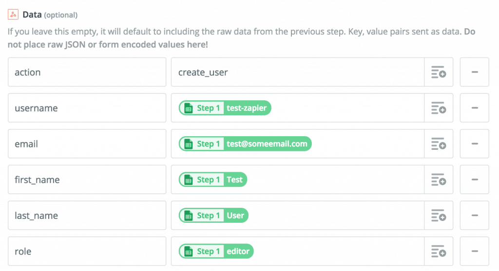 Example Data for Zapier to Webhook Action
