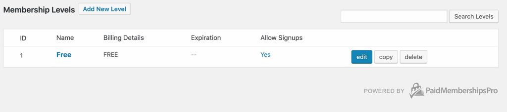 Screenshot of Paid Memberships Pro membership levels list. You may use the ID.