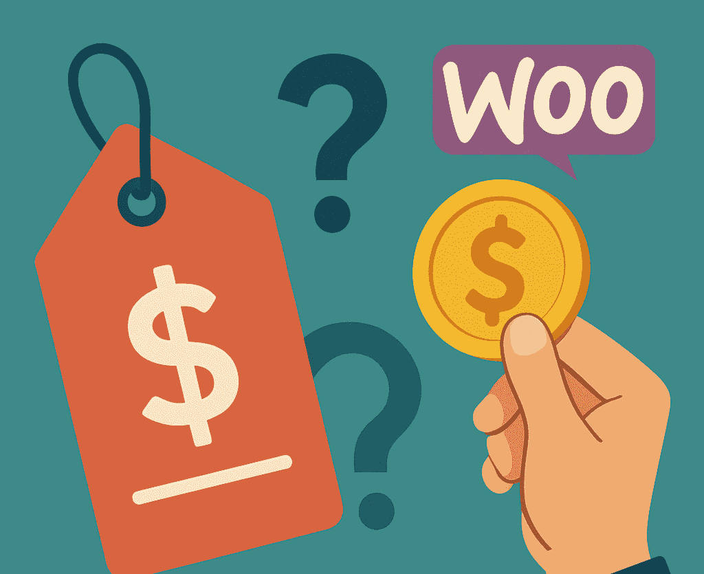 Hand holding coin with dollar sign next to a price tag with the WooCommerce logo