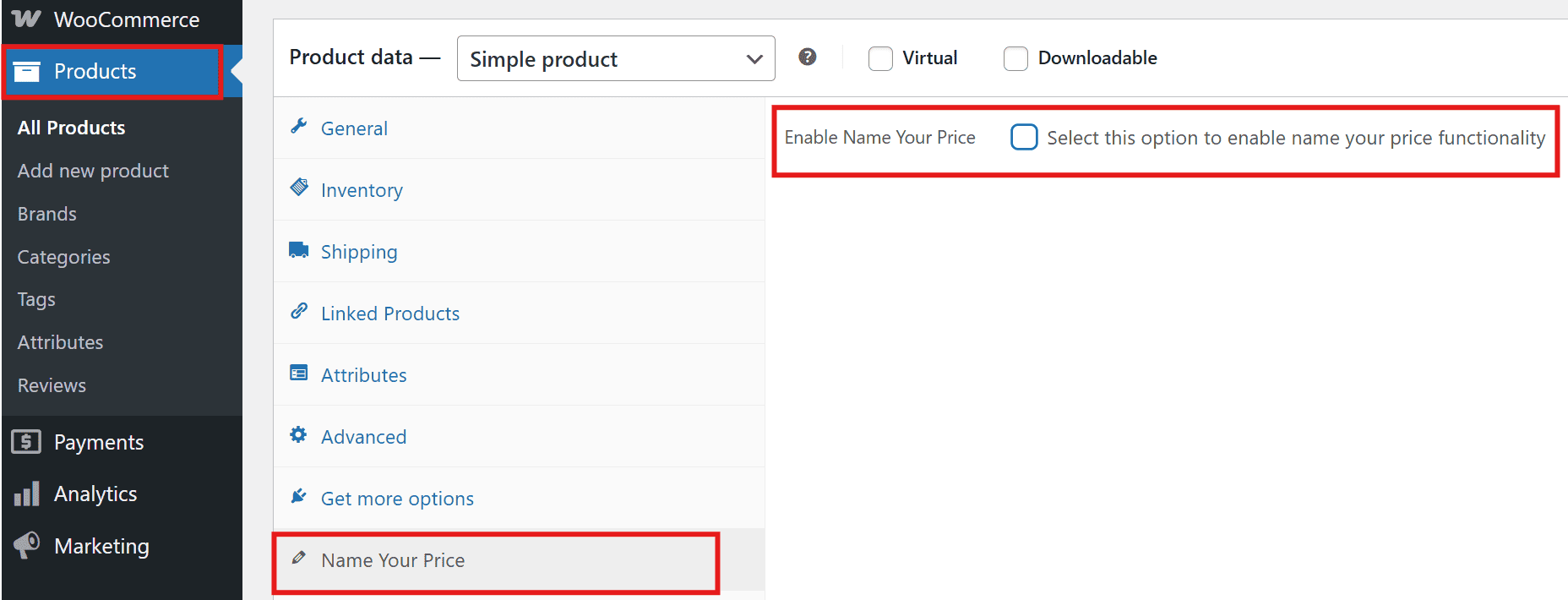 Enable the Name your Price plugin for individual products