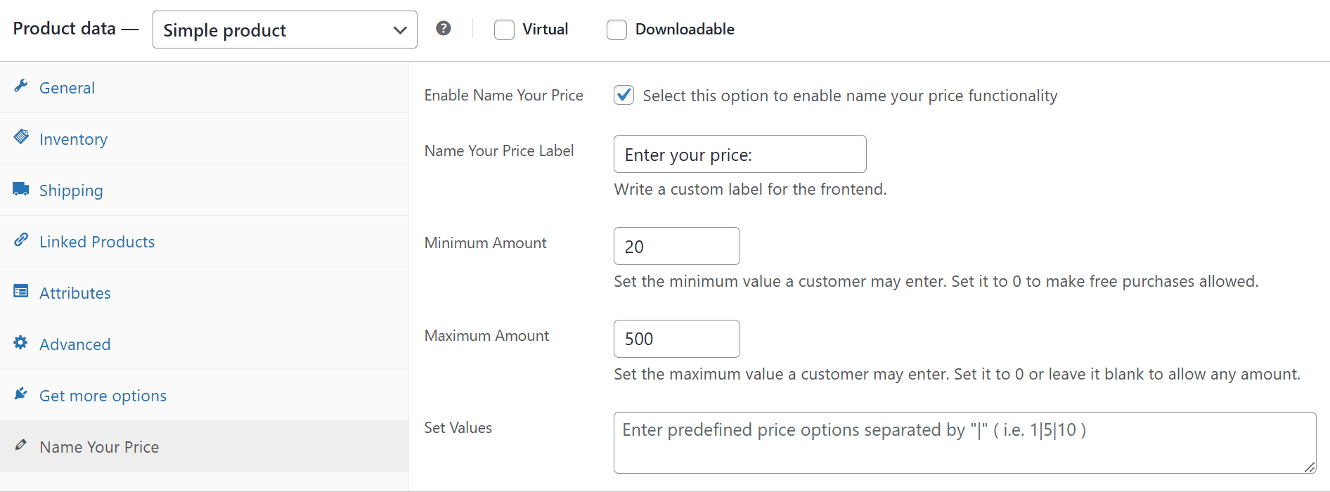 name your price functionality and settings