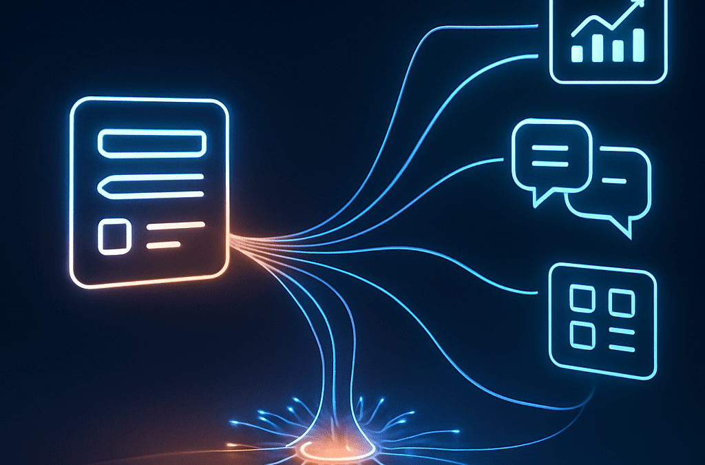 On the left, a glowing, minimalist icon representing a web form hovers over a clean surface. From this form, luminous streams of data, like fiber optic cables, flow elegantly to a central, intricate, pulsating hub. This central hub then splits the streams of light, directing them outwards to a constellation of diverse, abstract icons on the right, representing tasks like data charts, communication, and organization. The scene is illuminated with a modern, tech-inspired blue and orange light, conveying a sense of seamless automation and connectivity.