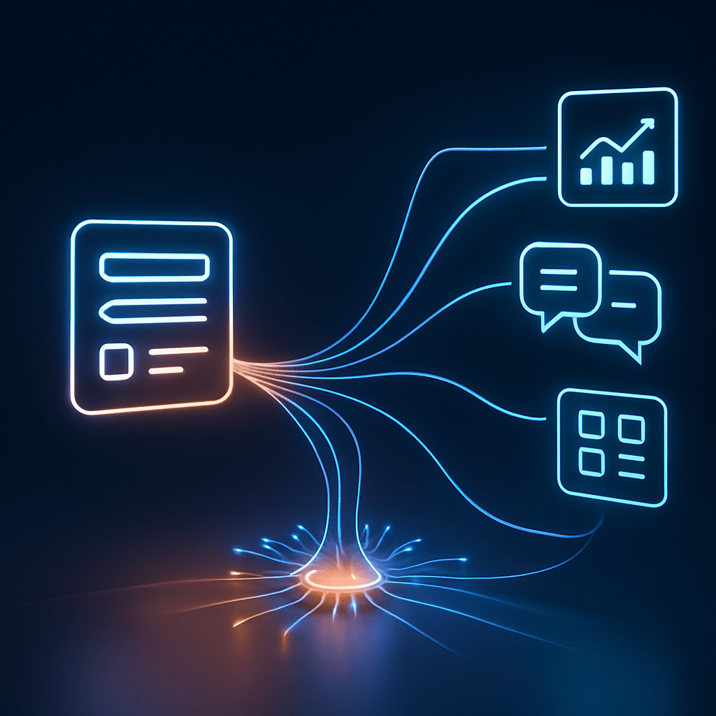 On the left, a glowing, minimalist icon representing a web form hovers over a clean surface. From this form, luminous streams of data, like fiber optic cables, flow elegantly to a central, intricate, pulsating hub. This central hub then splits the streams of light, directing them outwards to a constellation of diverse, abstract icons on the right, representing tasks like data charts, communication, and organization. The scene is illuminated with a modern, tech-inspired blue and orange light, conveying a sense of seamless automation and connectivity.