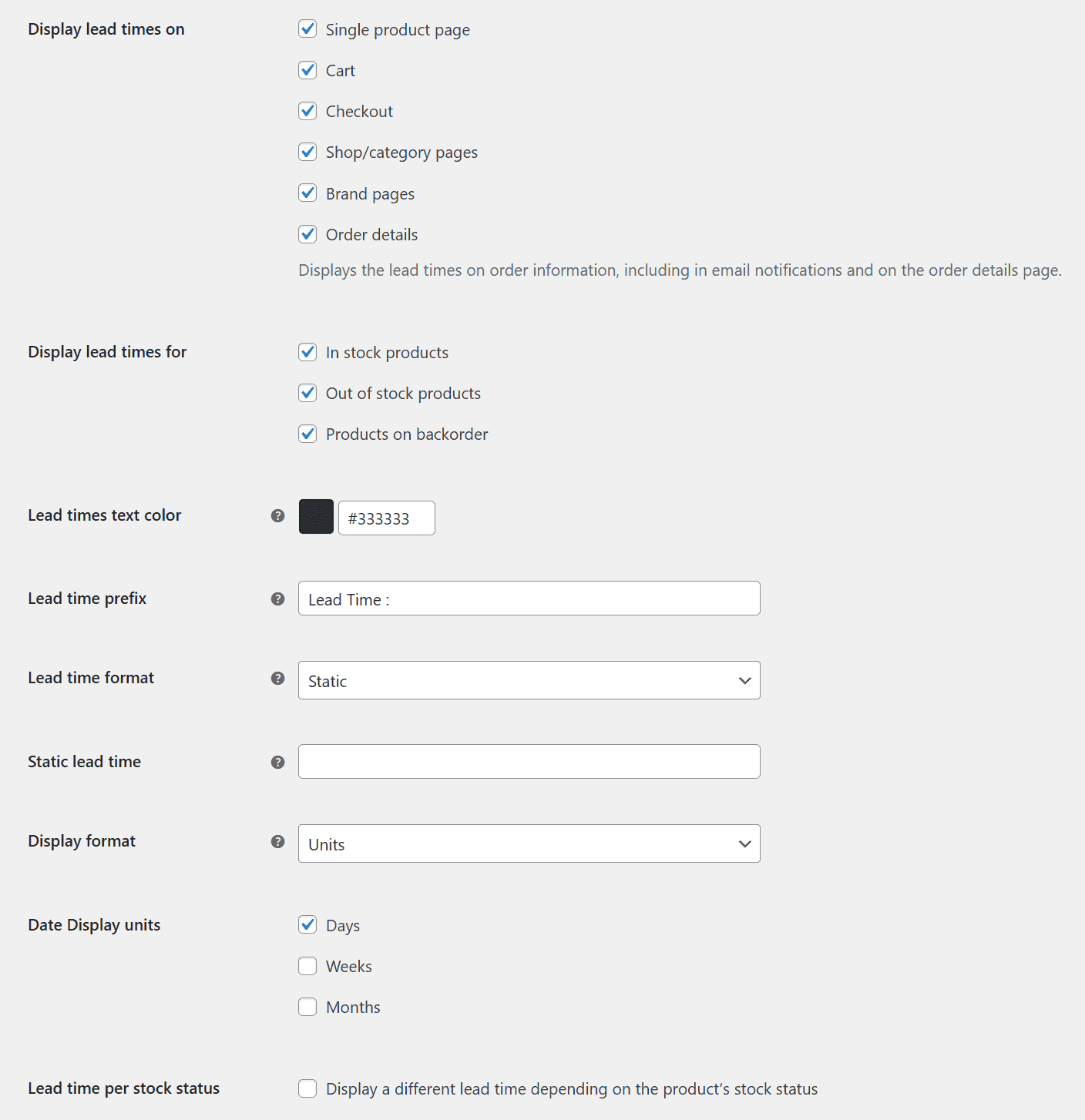 Field settings for the Yoohoo Lead Times global settings
