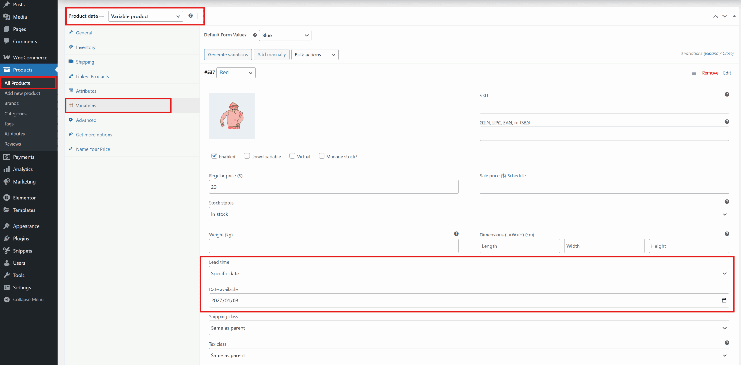 Lead Time fields for individual products and their variations