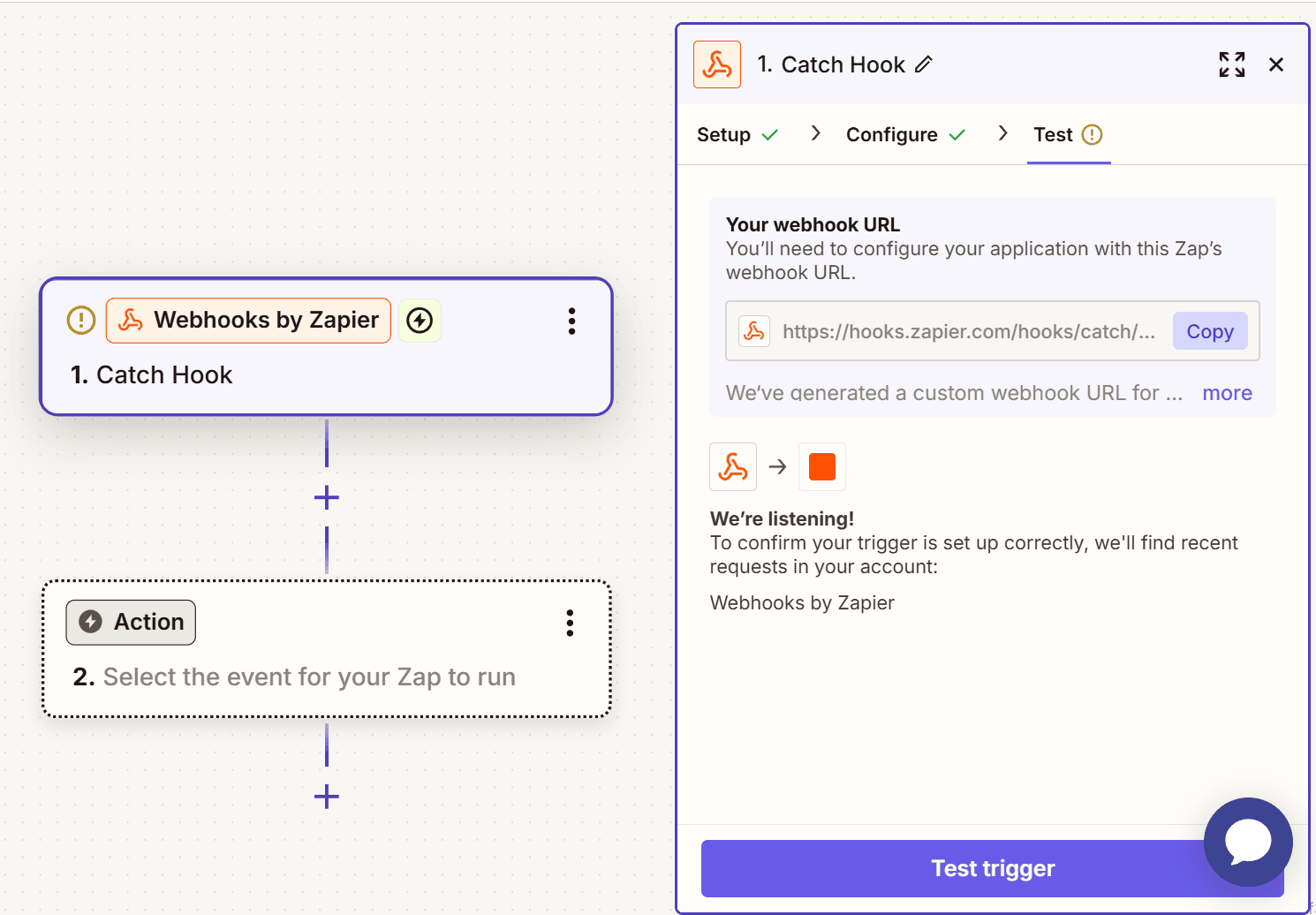 Getting the custom webhook URL from Zapier to automate WordPress invoices.