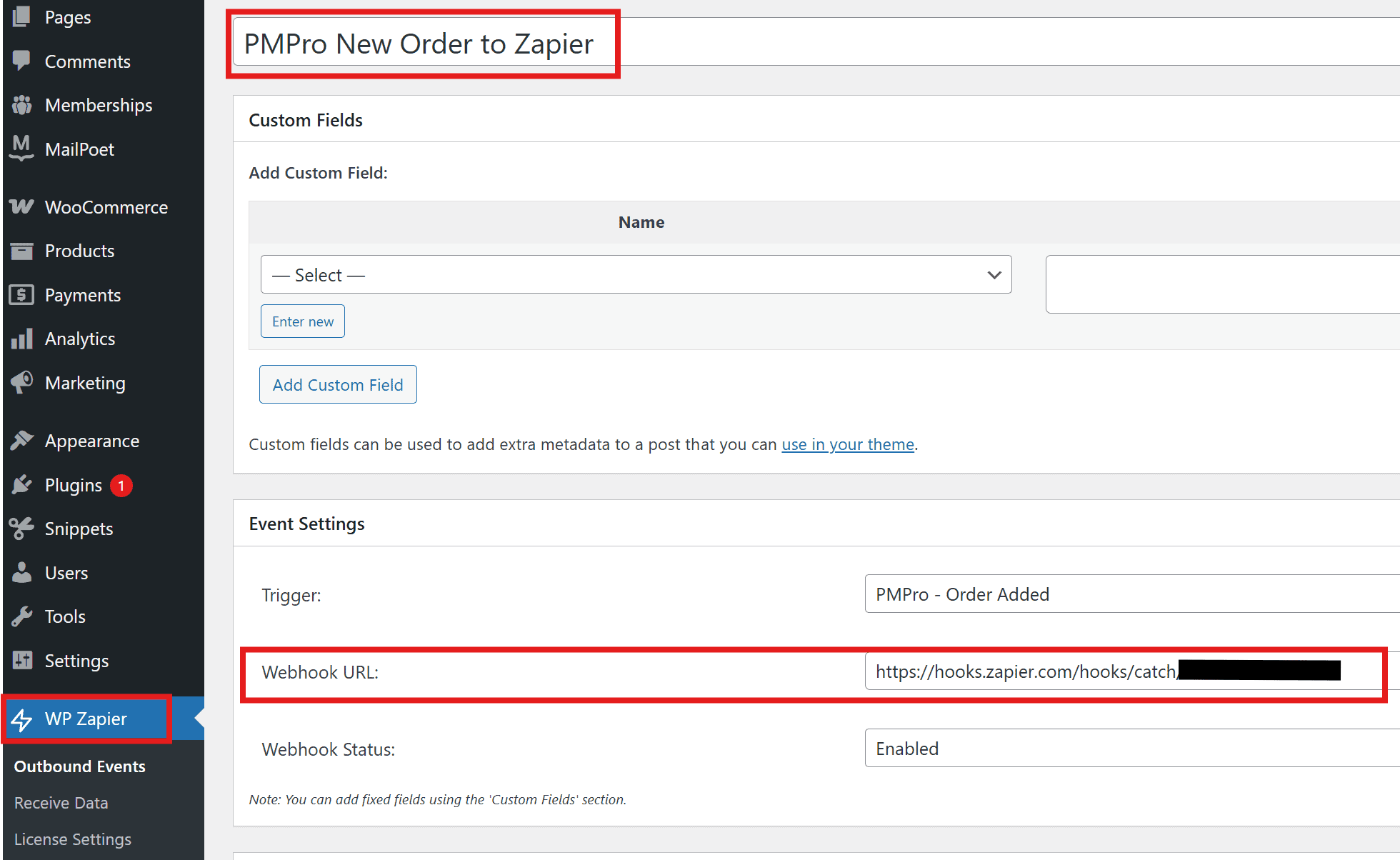 Pasting the Zapier webhook URL into WP Zapier.