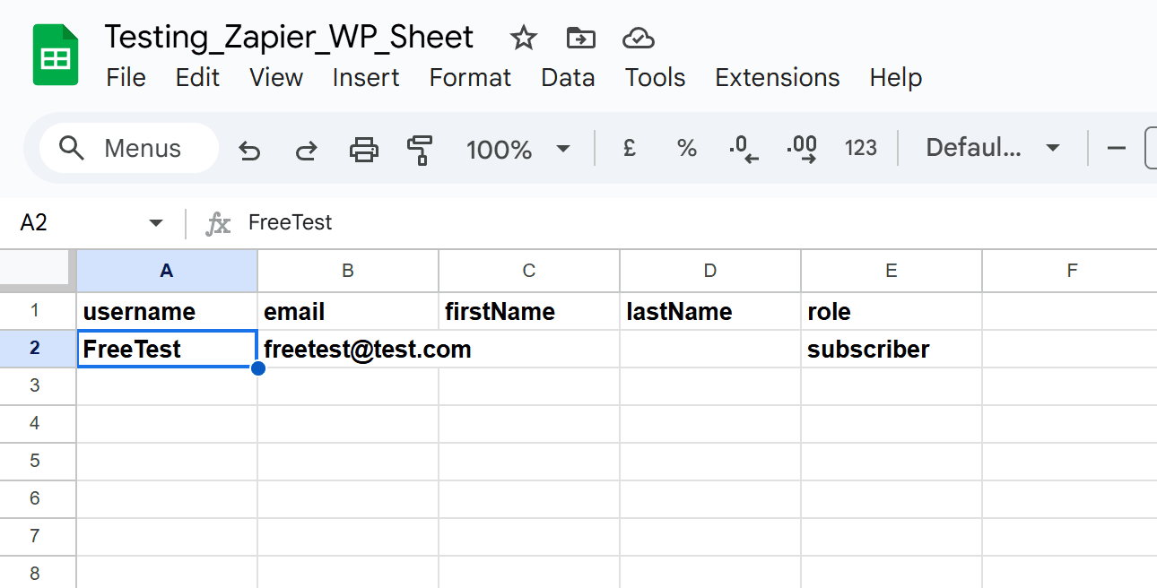 Zap Test data out to Google Sheet