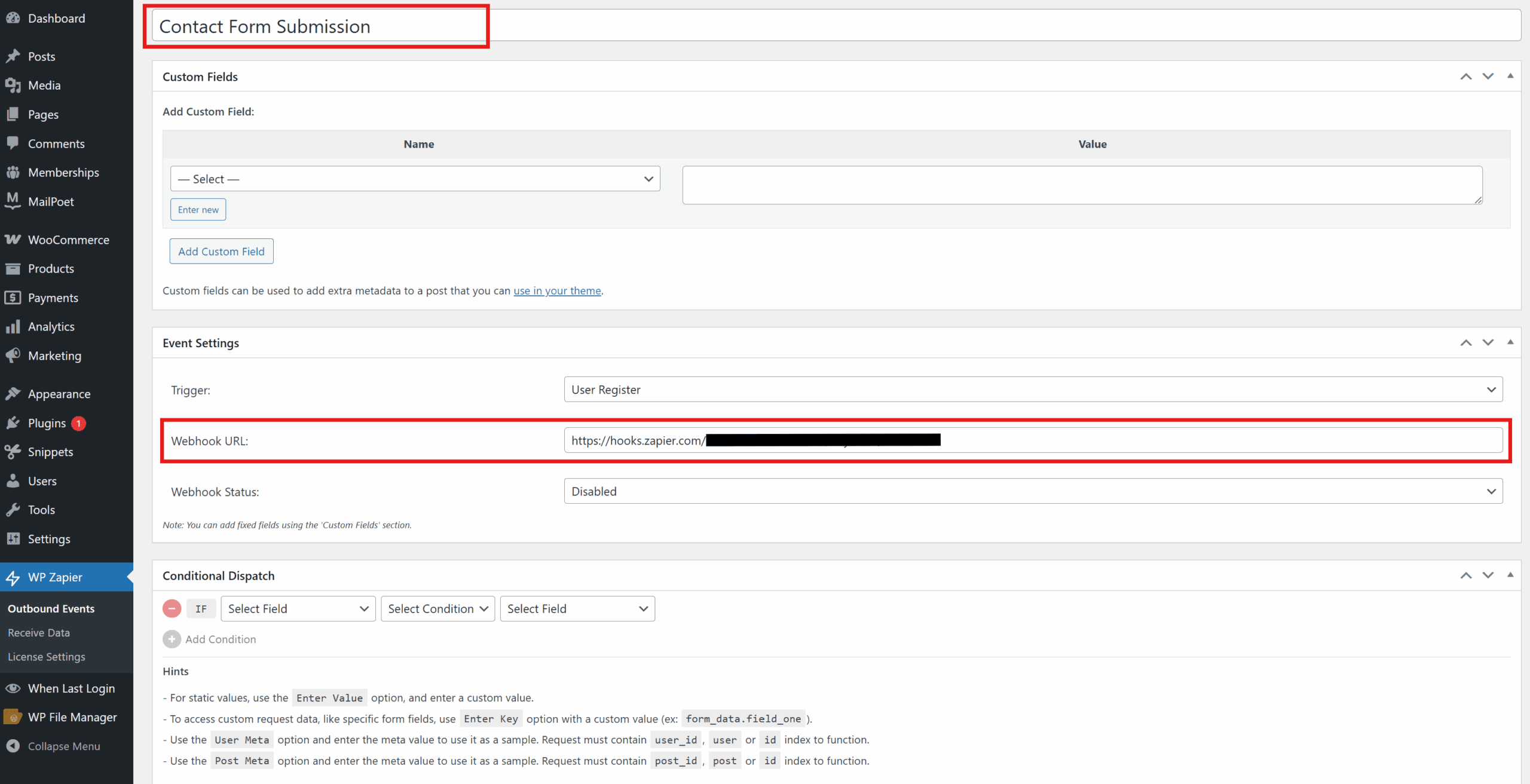 Where to paste the zapier webhook url