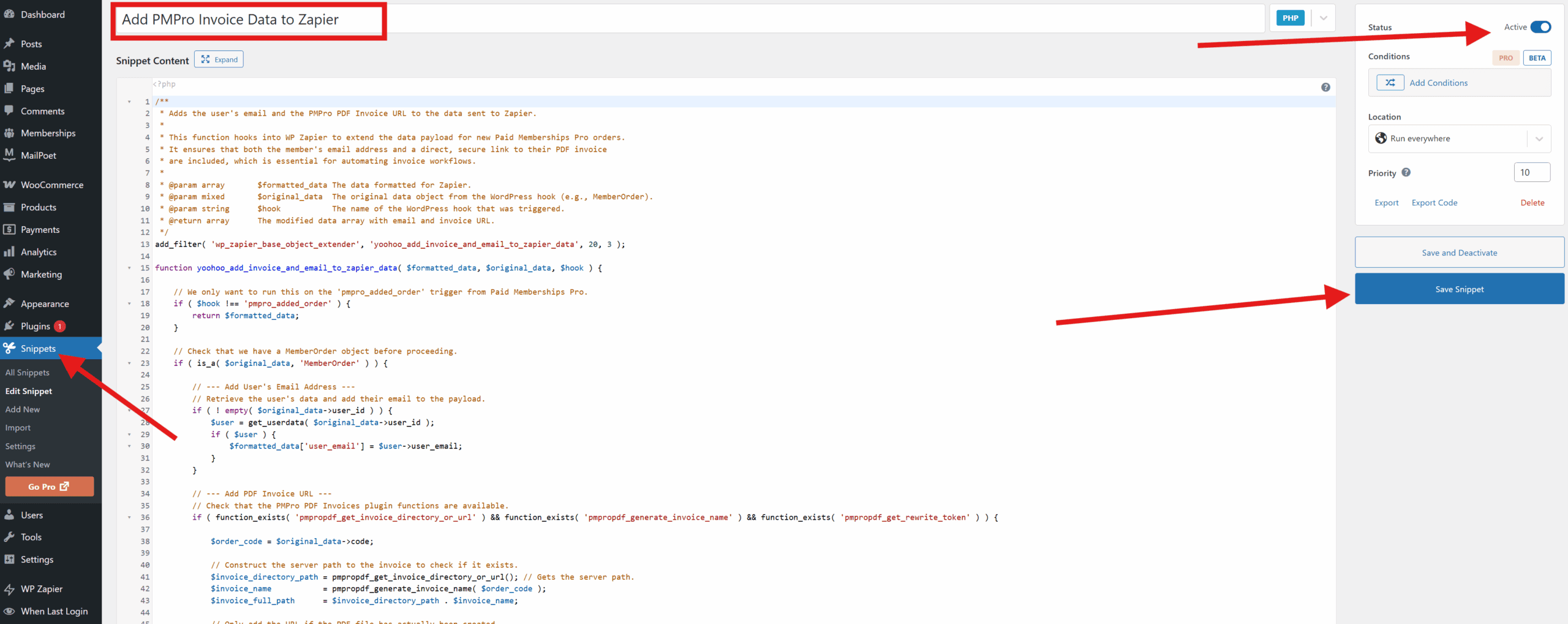 Activating the code snippet to add the users email and invoice PDF URL to Zapier.