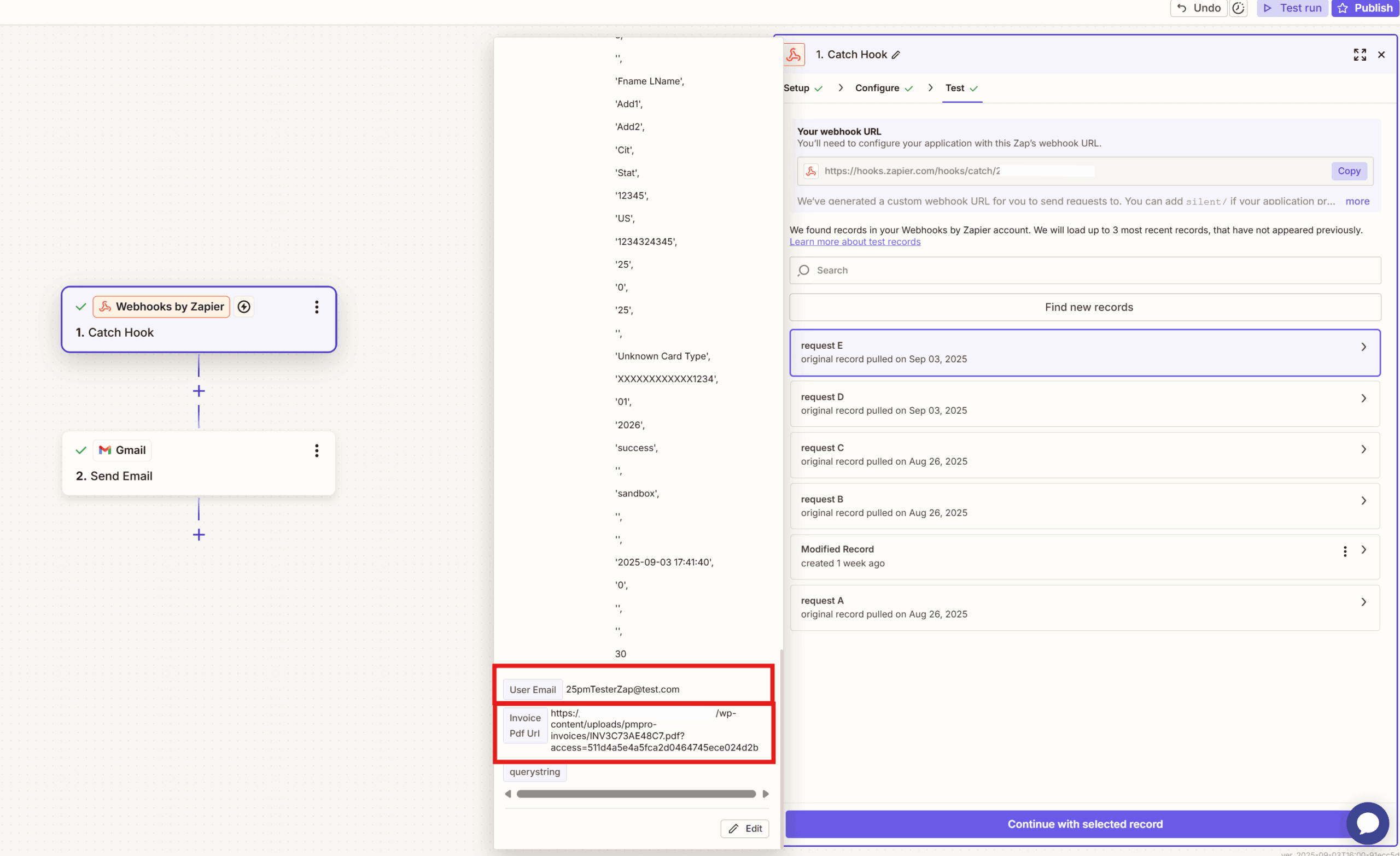 Testing the Zapier trigger and finding the invoice_pdf_url and user email in payload.