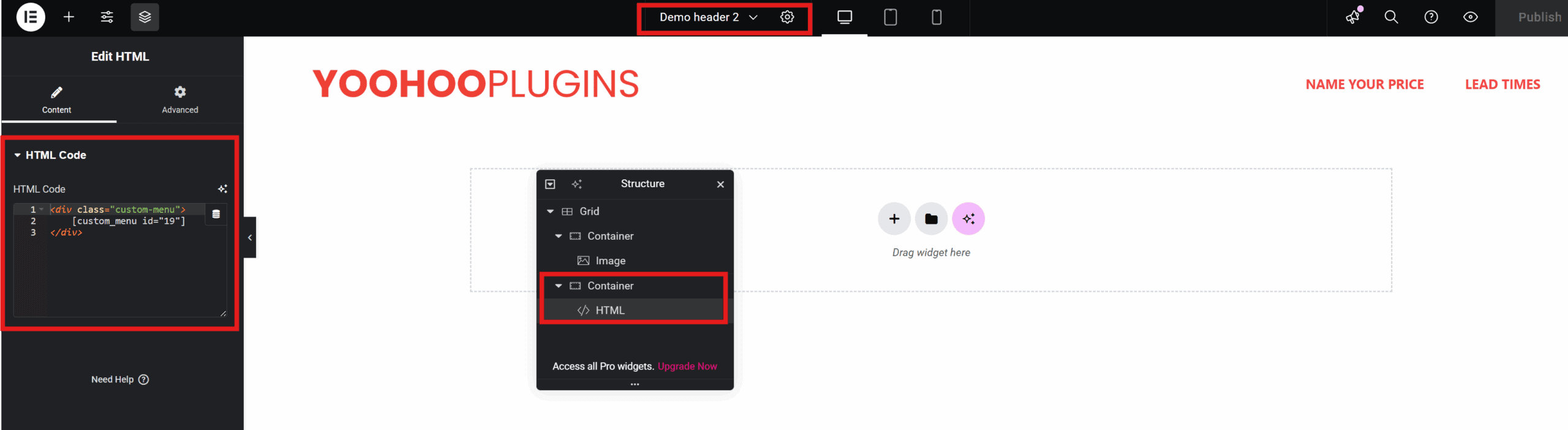 Shortcode used in elementor for the custom menu snippet