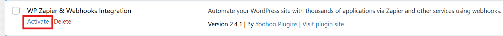 A screenshot showing the WordPress plugin installation screen with WP Zapier activated.