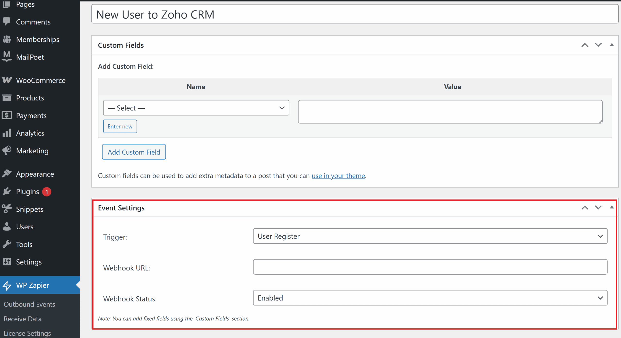 WP Zapier Outbound Events interface showing trigger options dropdown