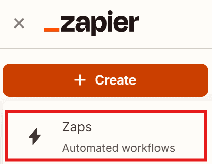 Zapier dashboard with Create Zap button highlighted