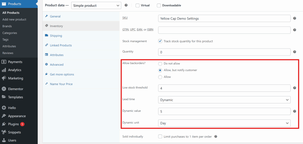 Lead Times for WooCommerce plugin backorder settings in WordPress admin