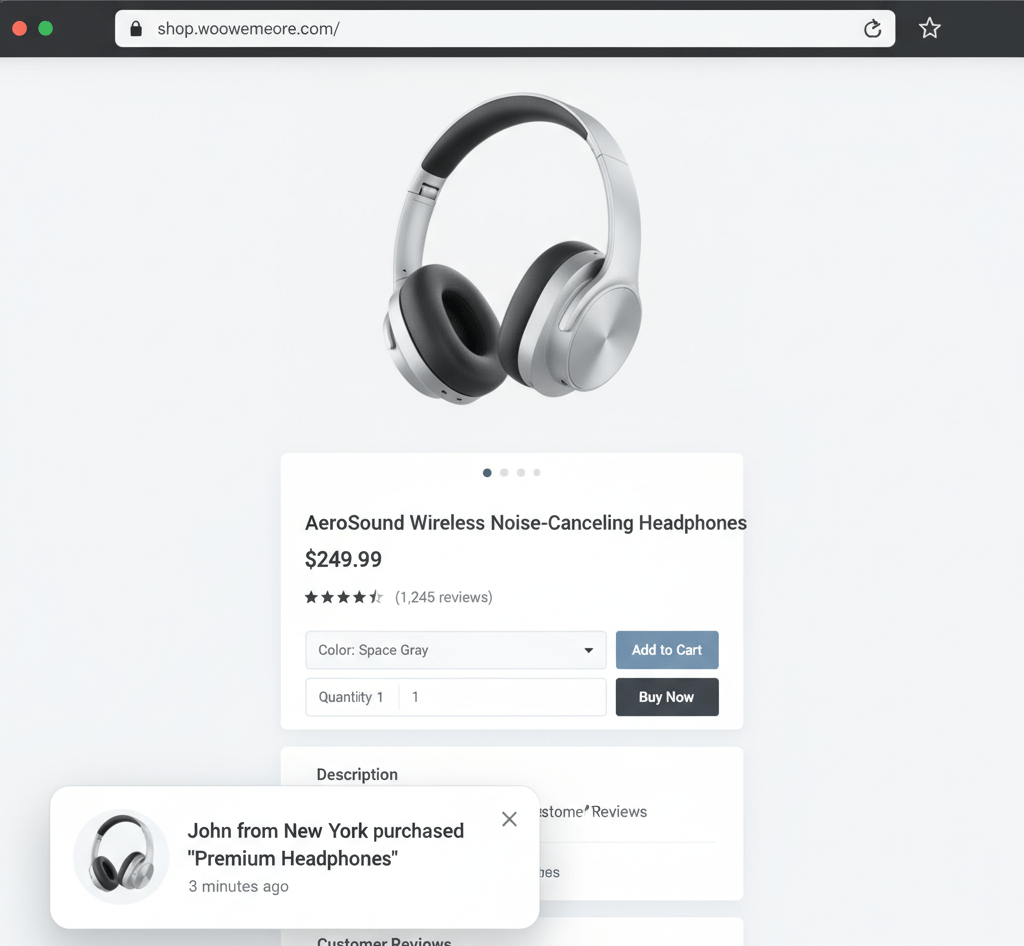 WooCommerce social proof notification showing recent purchase activity