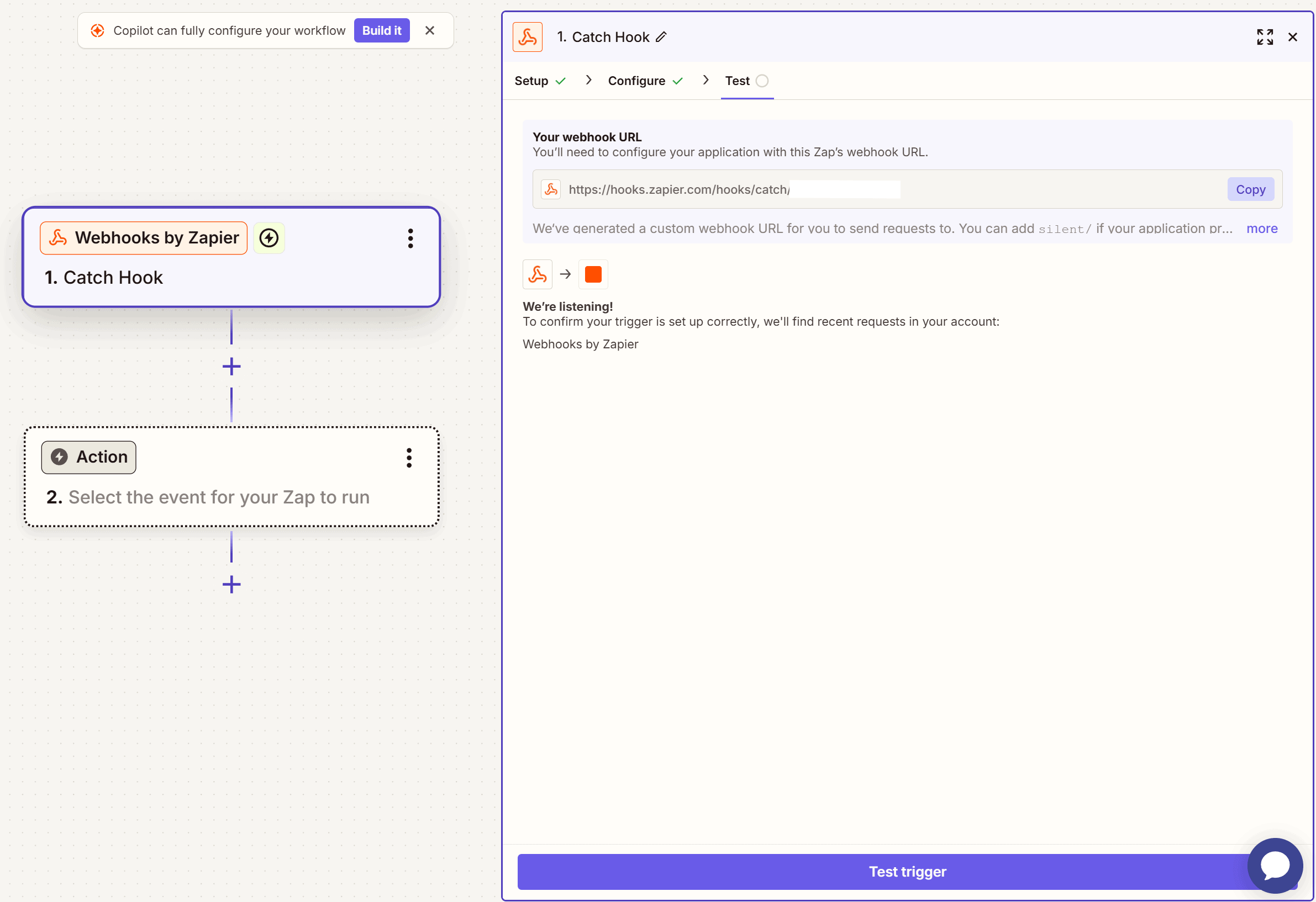 Zapier webhook trigger setup showing the custom webhook URL