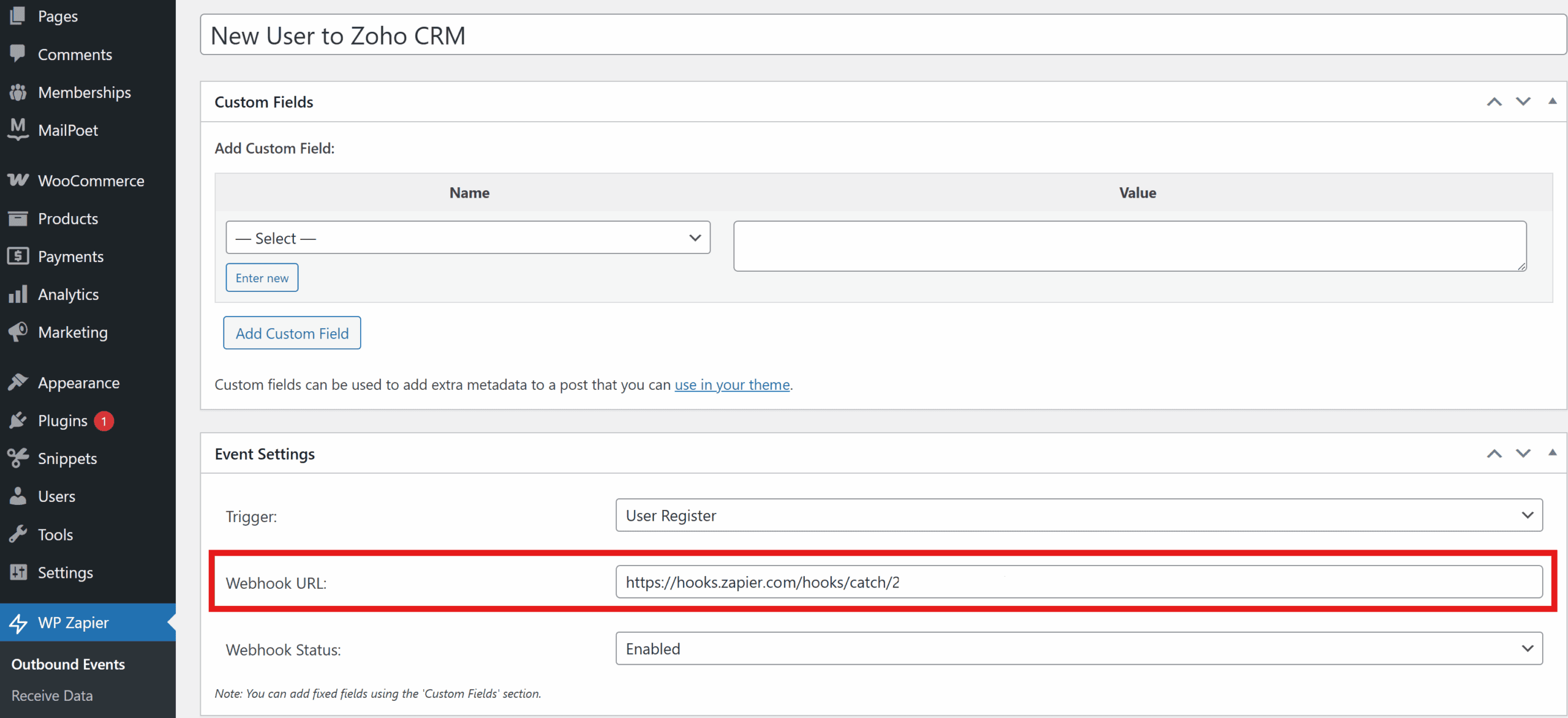WP Zapier Outbound Event with webhook URL field filled in