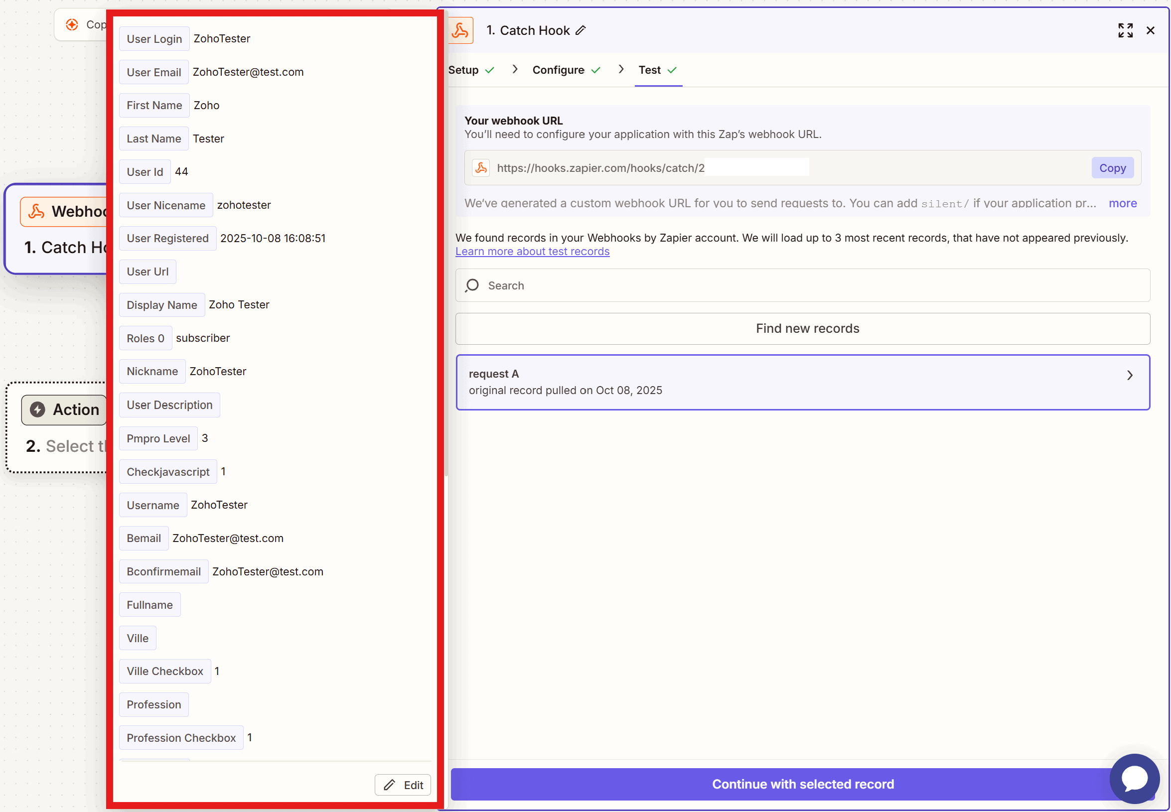 Zapier test trigger showing successful data received from WordPress