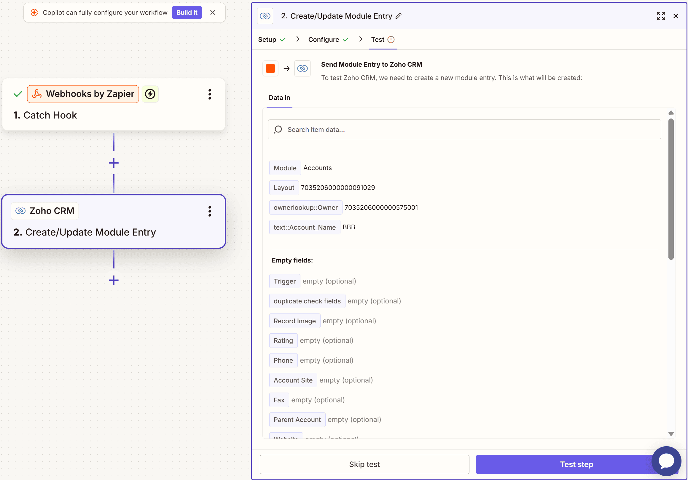 Zapier action setup showing Zoho CRM and Create/Update Module Entry