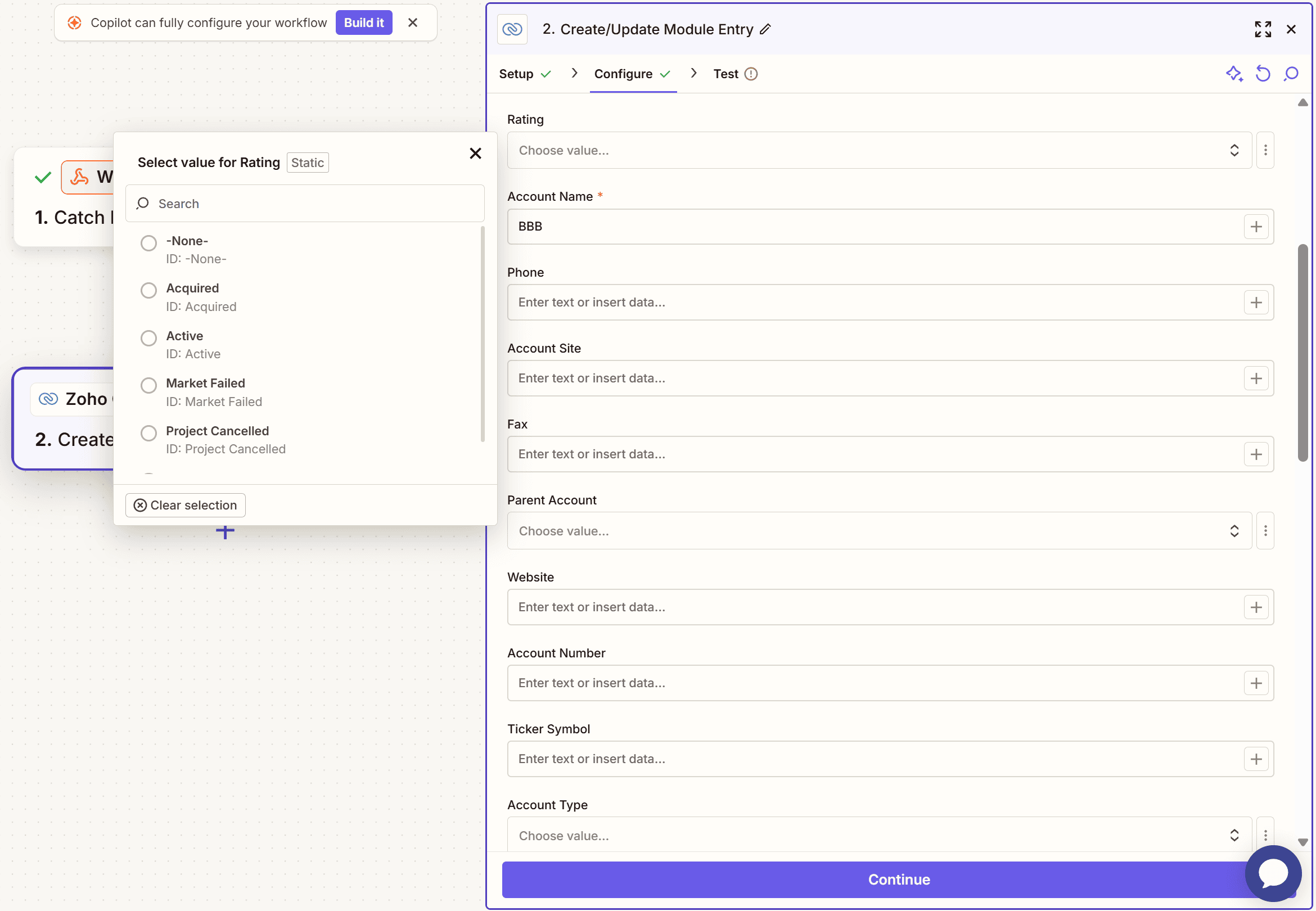 Zapier field mapping screen showing WordPress data mapped to Zoho CRM fields