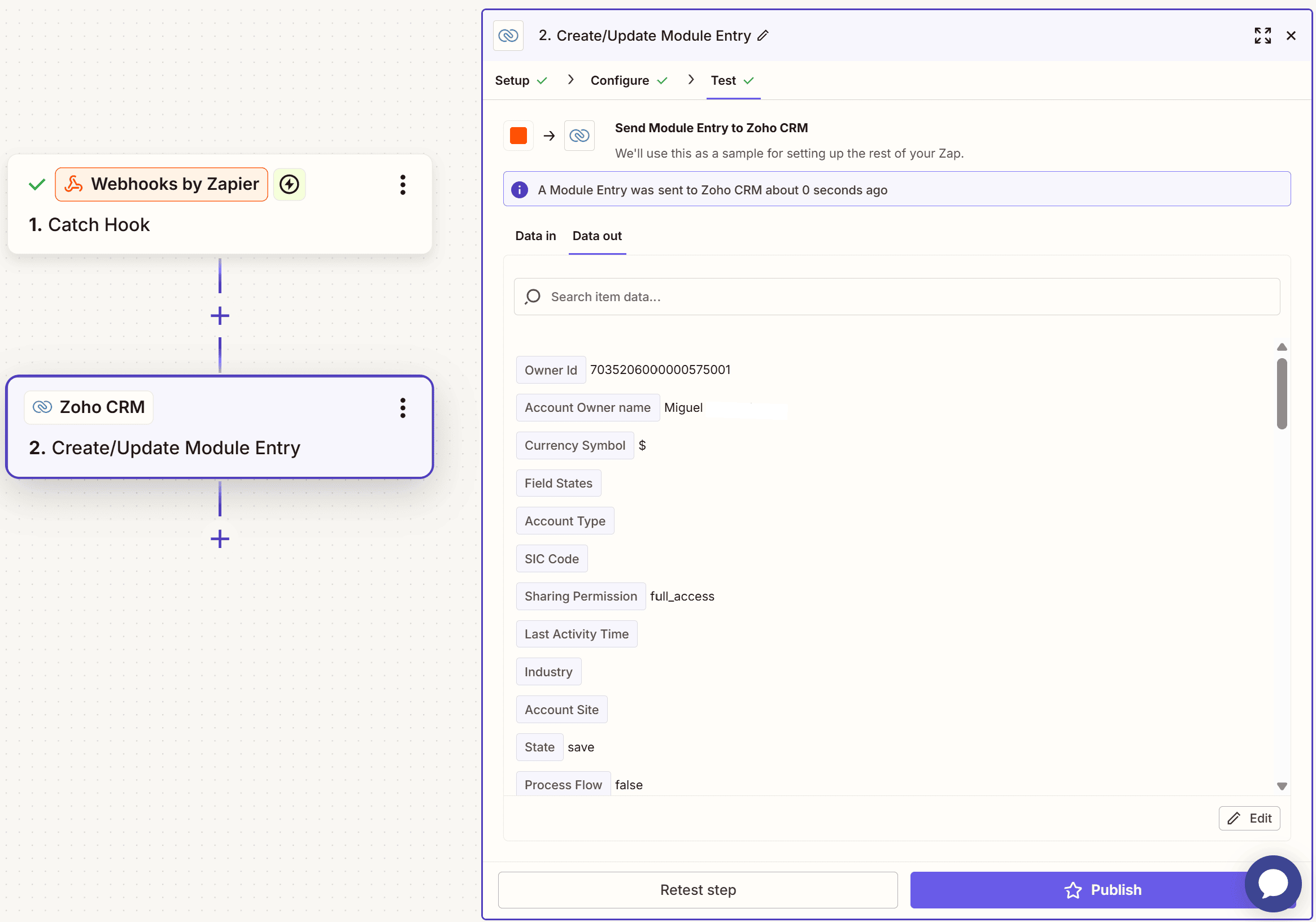 Zapier test action screen showing successful data sent to Zoho CRM