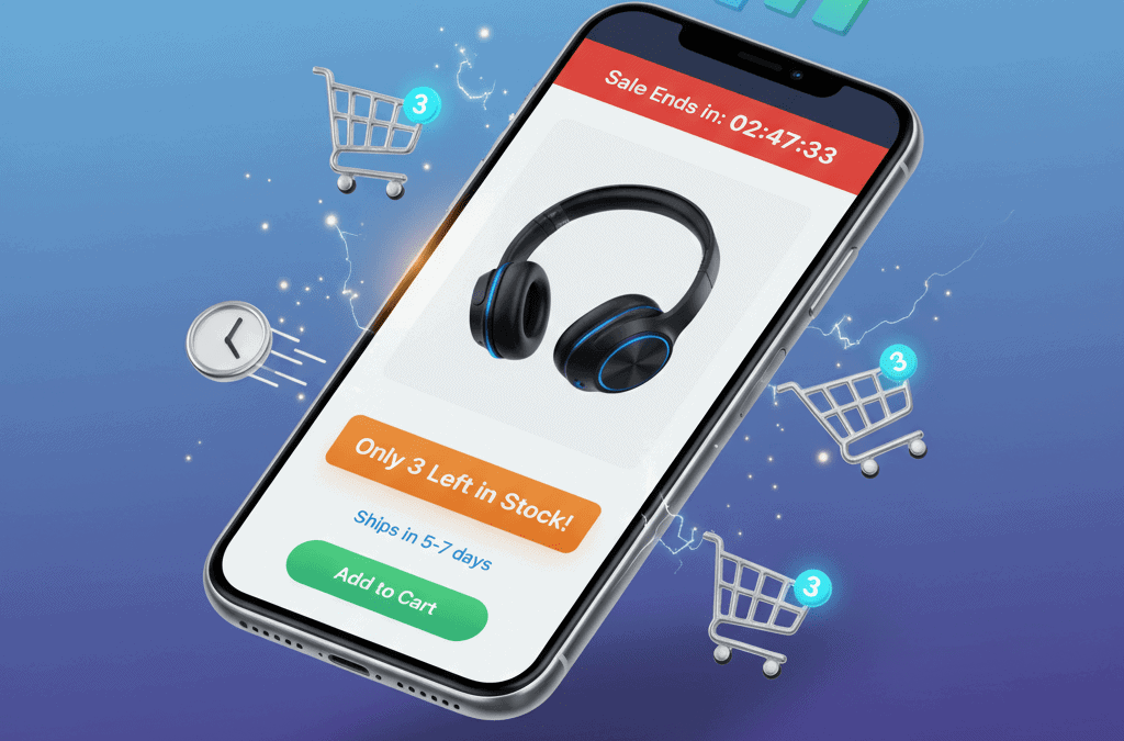 WooCommerce product page showing countdown timer, low stock warning, and shipping lead time creating urgency to boost conversions