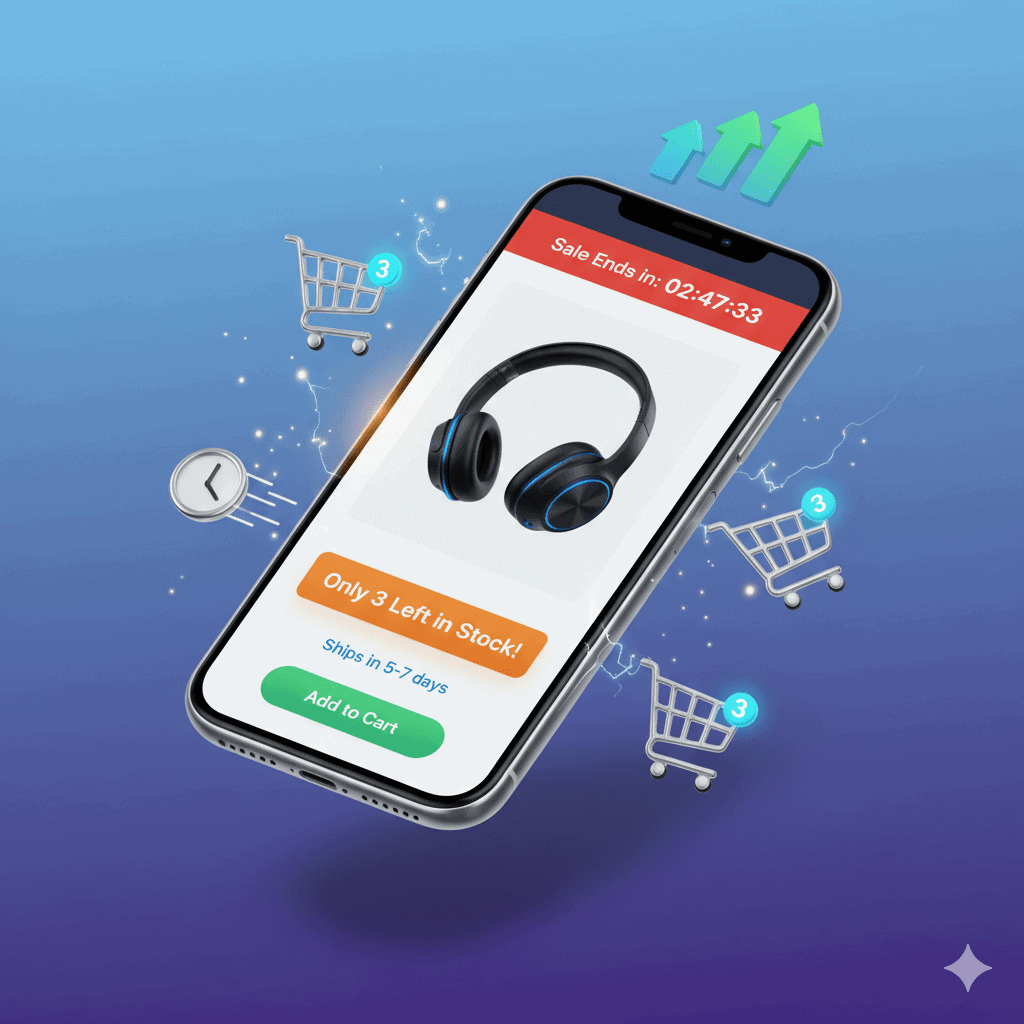 WooCommerce product page showing countdown timer, low stock warning, and shipping lead time creating urgency to boost conversions