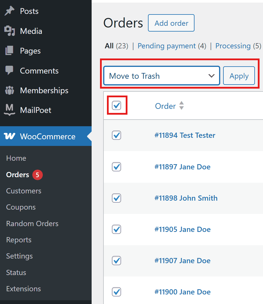 Bulk deletion interface in WooCommerce
