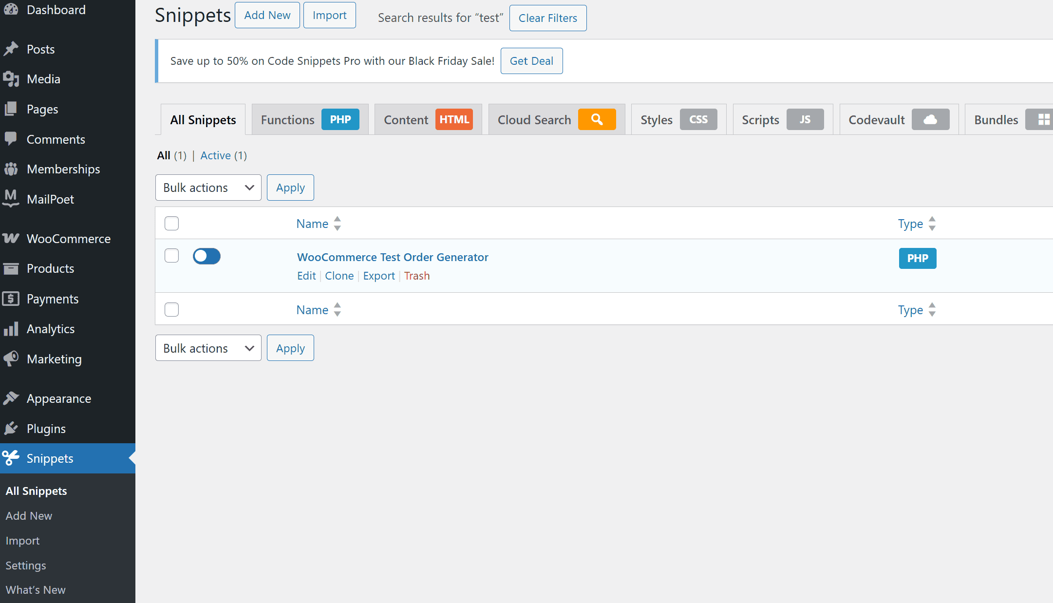 Code Snippets plugin interface with test order generator code