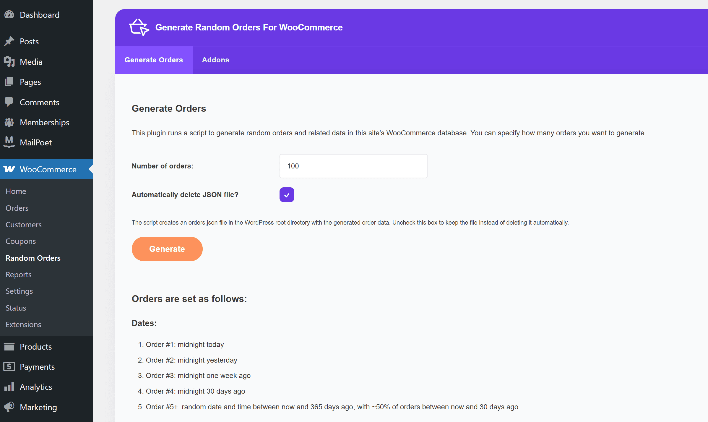 Generate Random Orders plugin interface