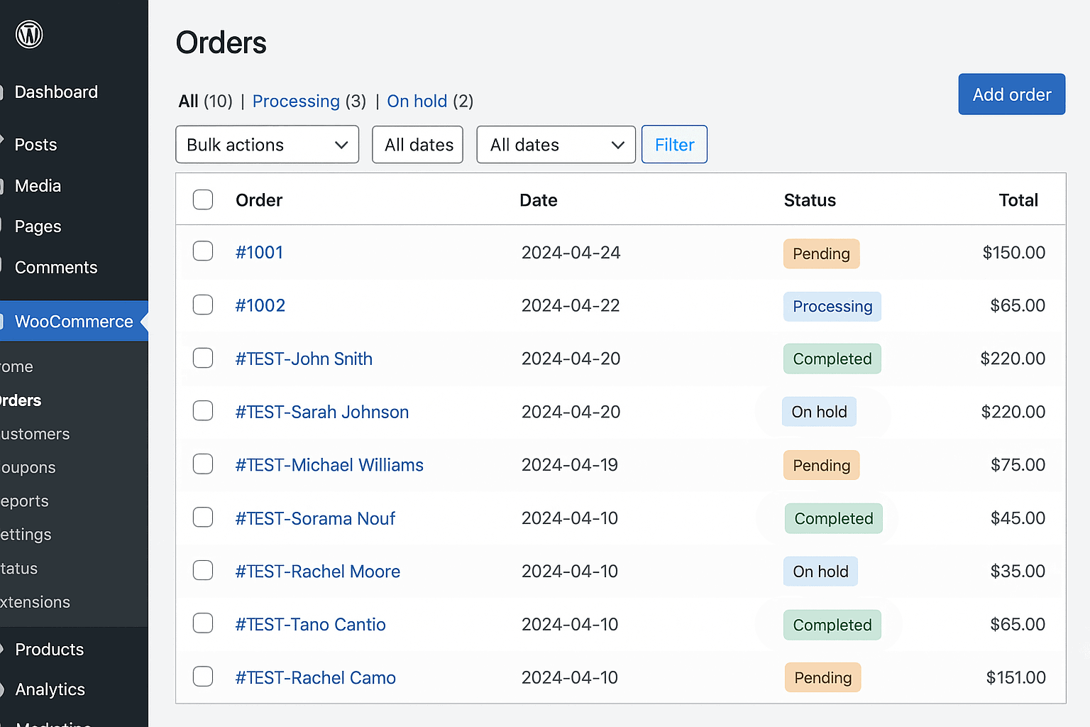 WooCommerce admin panel displaying fake test orders for store testing purposes