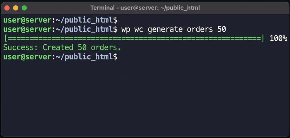 Terminal displaying WP-CLI command to generate orders
