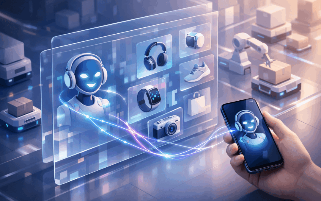 Futuristic 3D illustration of an AI-powered WooCommerce store with floating data holographic product displays.