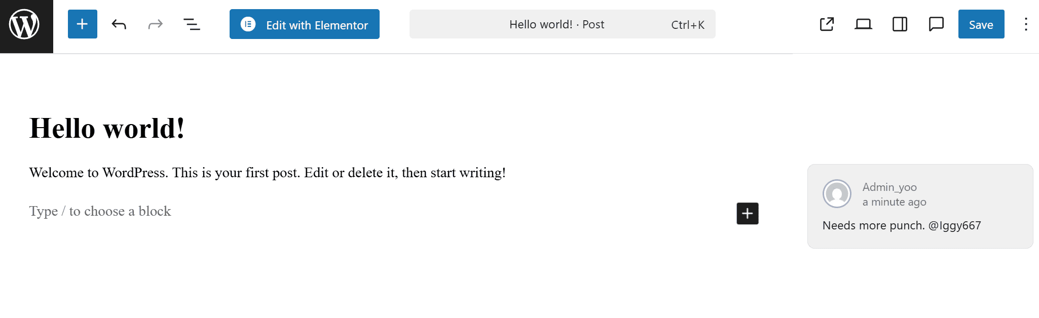WordPress Block Editor showing a comment pop-up next to a paragraph block.