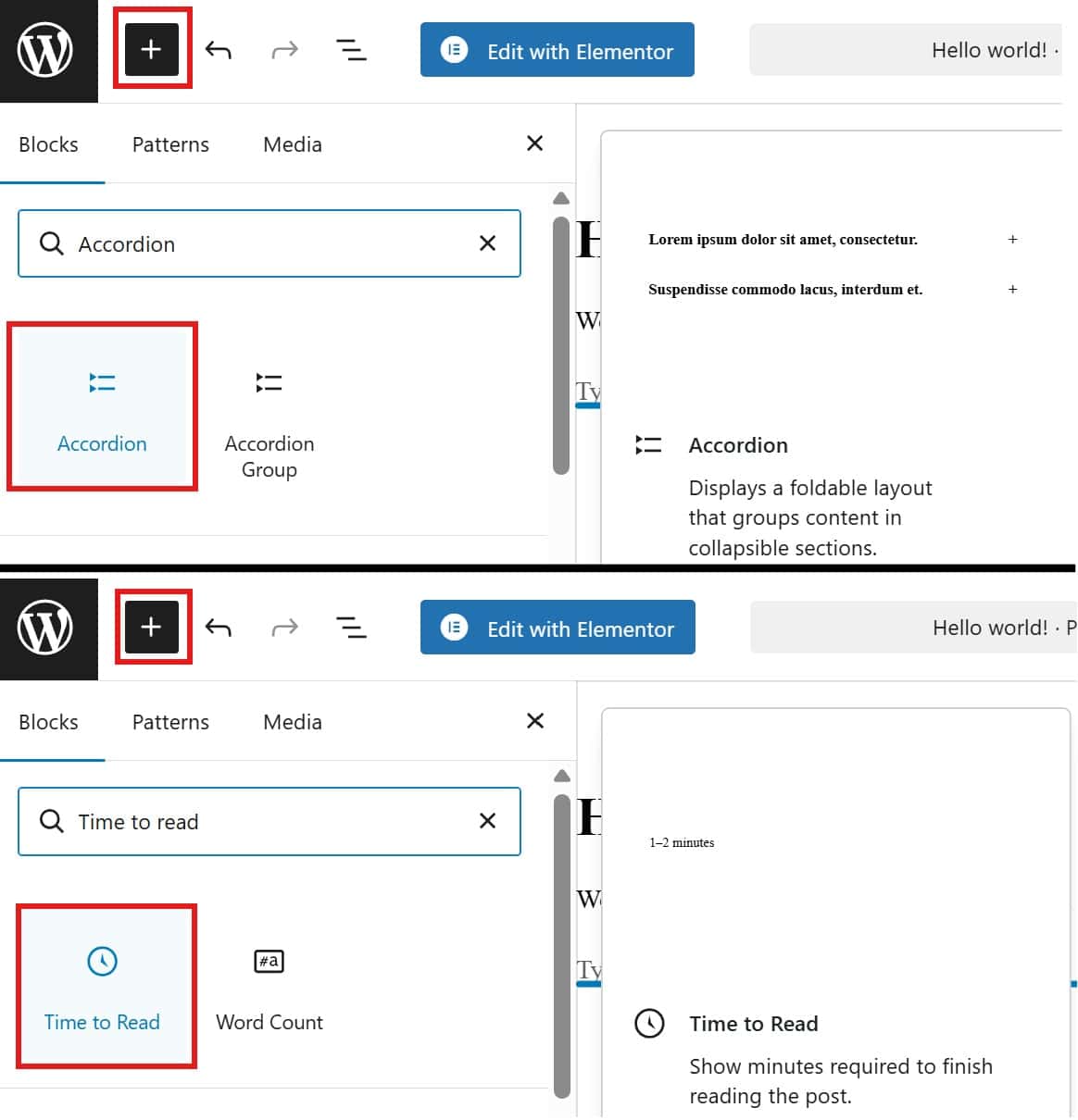WordPress Block Inserter panel displaying the new Accordion and Time-to-Read blocks.