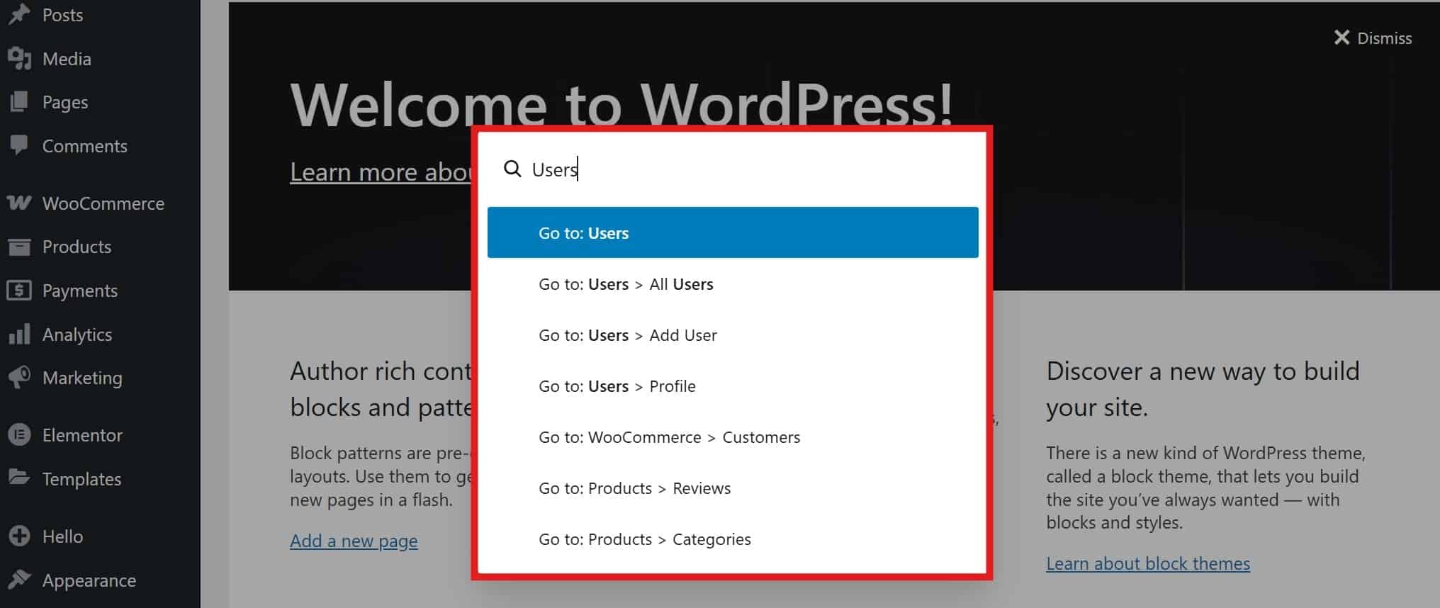 WordPress Admin Dashboard with the Command Palette search modal open in the center.