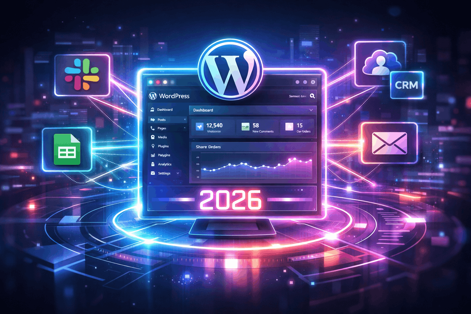 representation of a WordPress dashboard connecting seamlessly to multiple external apps