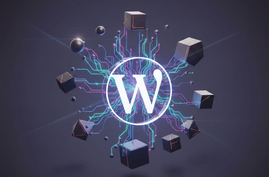 Wordpress logo in the middle of AI neural streams to different website nodes and functions