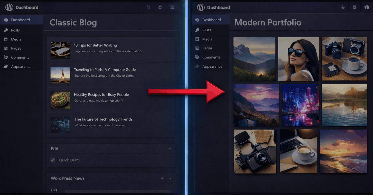 Split screen comparison of a WordPress dashboard: left side showing a classic blog layout, right side showing a modern portfolio grid.
