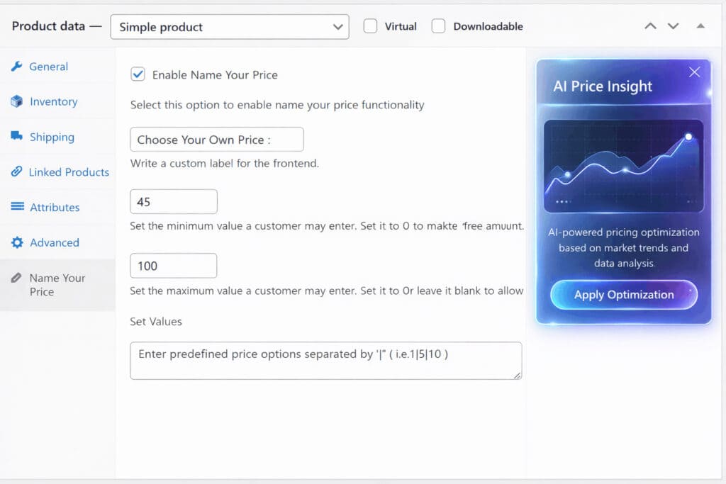 WordPress dashboard showing Yoohoo Name Your Price settings on the left, with an AI sidebar on the right suggesting optimal price points based on market data.