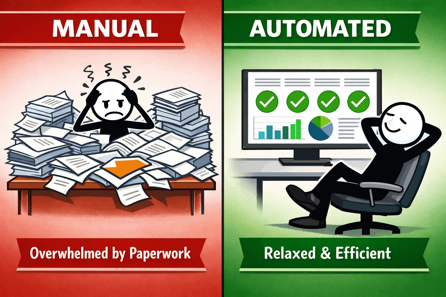 stressed stick figure buried in papers vs a relaxed figure watching a dashboard with green checkmarks.