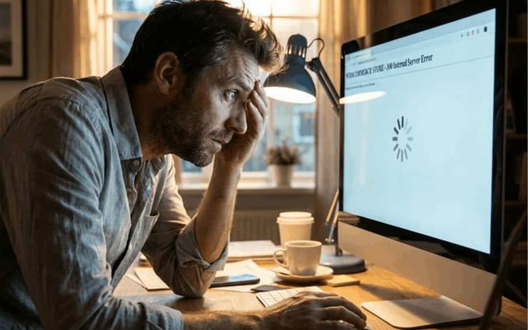 A frustrated business owner staring at a slow-loading WooCommerce website on a glowing computer screen in a dark home office.