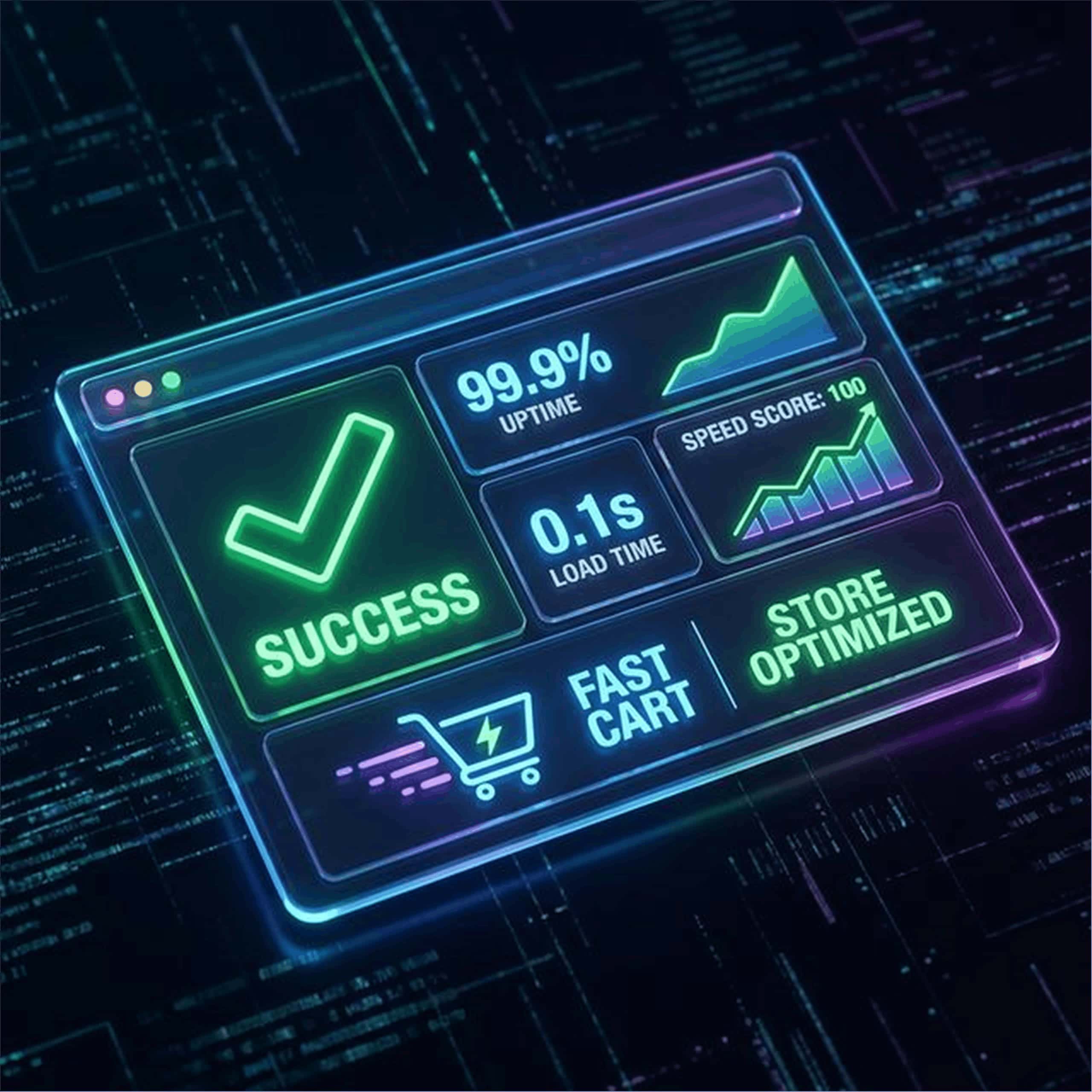 A clean, vibrant digital dashboard interface displaying a bright green checkmark and optimal performance metrics for a lightning-fast e-commerce store.