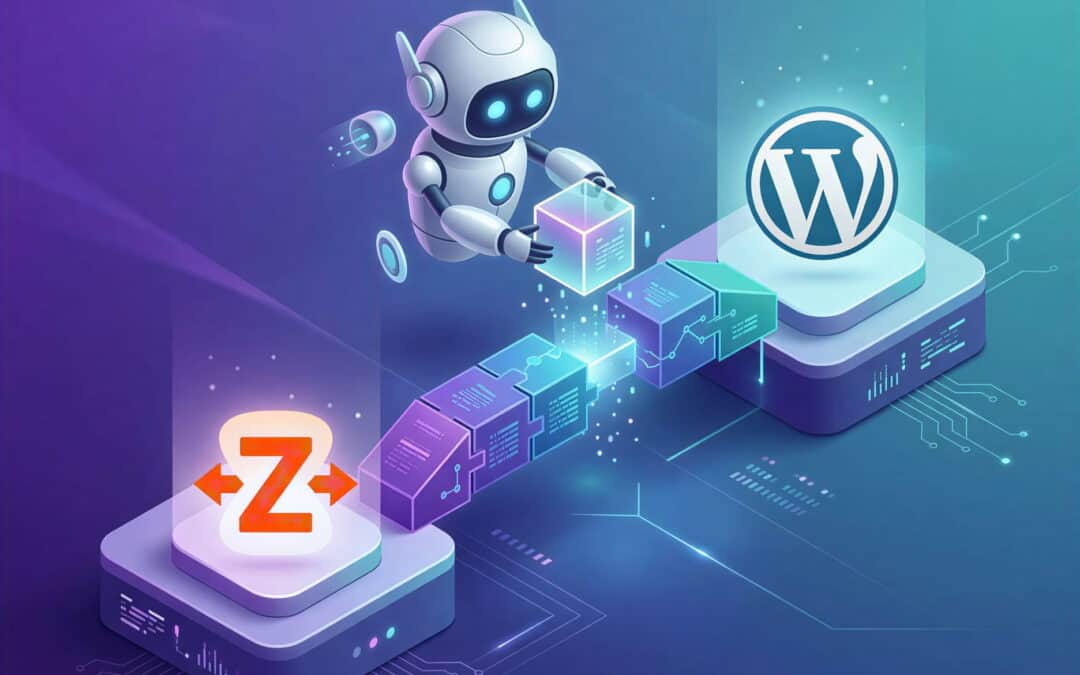 3D illustration of a robot assistant setting up a Zapier AI Copilot WordPress integration workflow.
