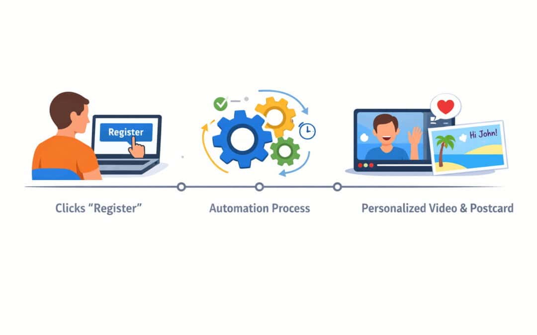 A colorful, minimalist flat vector timeline showing a user clicking 'Register' on a laptop, followed by an automation gear symbol, and ending with the user receiving a personalized video message and a physical postcard.