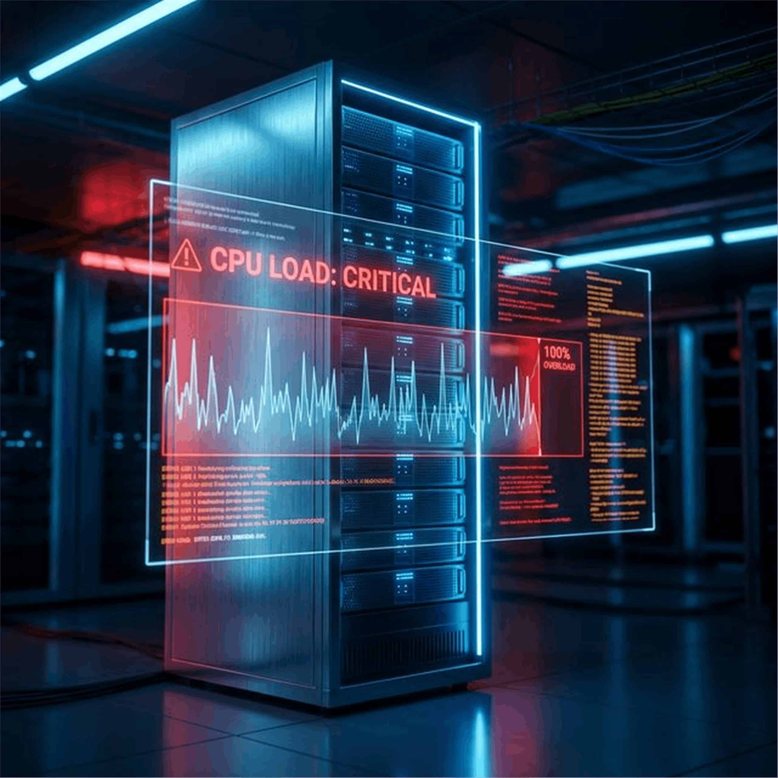 A sleek holographic dashboard hovering in front of a glowing server rack showing a CPU meter spiking violently into the red zone.