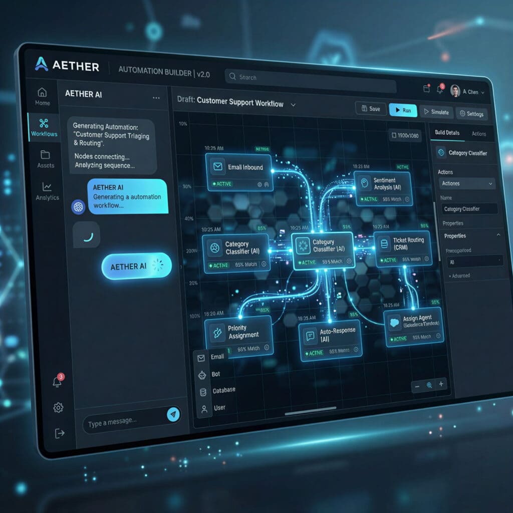 Modern UI showing a Zapier AI Copilot WordPress chat interface generating an automated workflow from natural language.