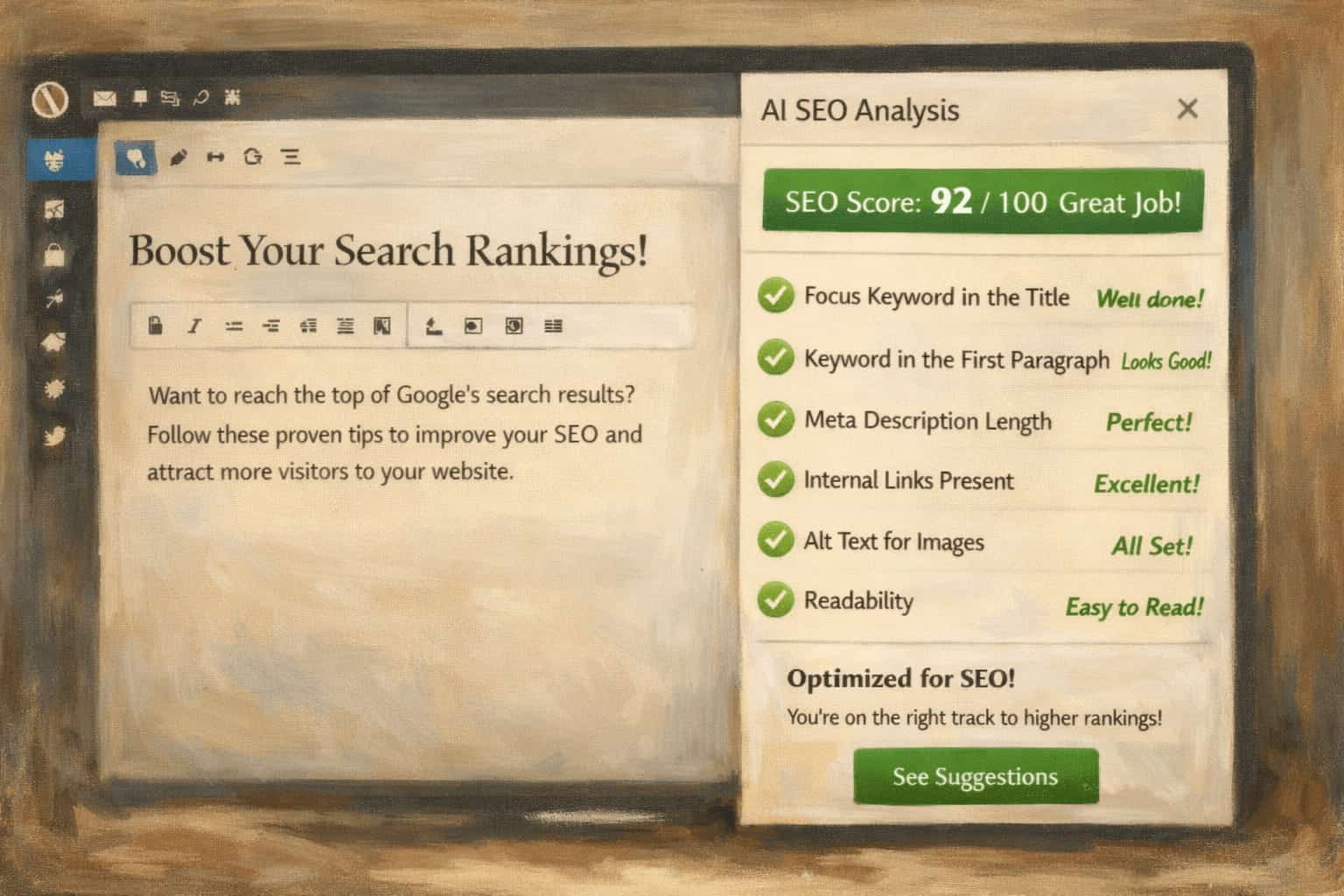 An AI SEO plugin analyzing text in the WordPress editor, highlighting high scores and green checkmarks to stimulate a desire for better search rankings.